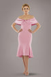 Goddiva Twist Knot Satin & Scuba Bardot High Low Midi Dress - Blush Pink