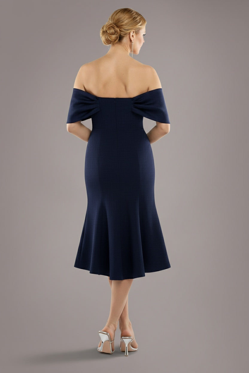 Goddiva Twist Knot Satin & Scuba Bardot High Low Midi Dress - Navy Blue
