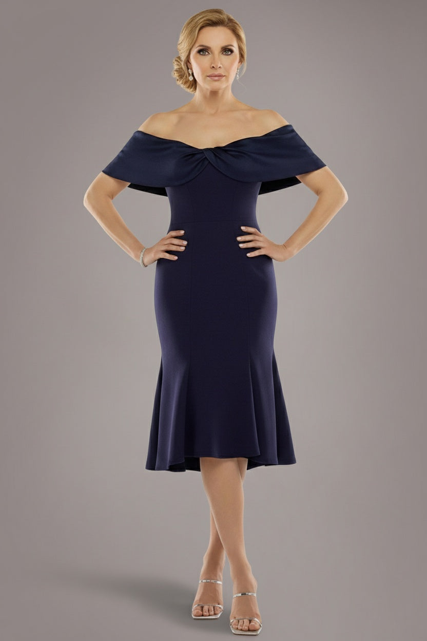 Goddiva Twist Knot Satin & Scuba Bardot High Low Midi Dress - Navy Blue
