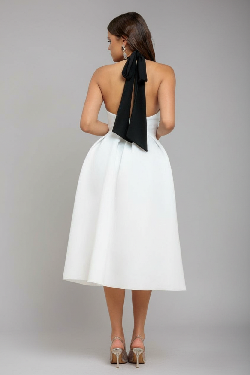 Goddiva Contrast  Halter Neck Pleated A-Line Midaxi Dress - Black Cream