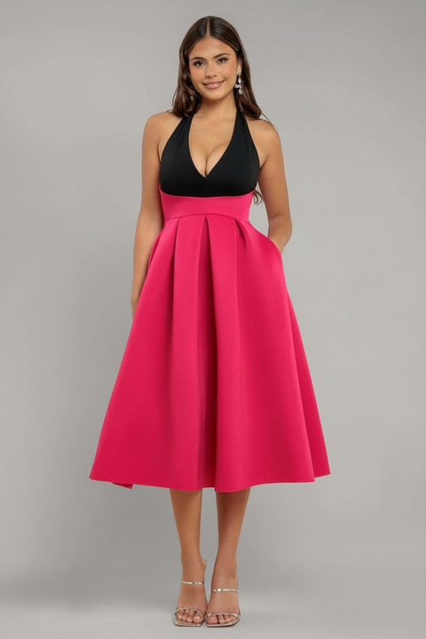 Goddiva Contrast  Halter Neck Pleated A-Line Midaxi Dress - Black Magenta