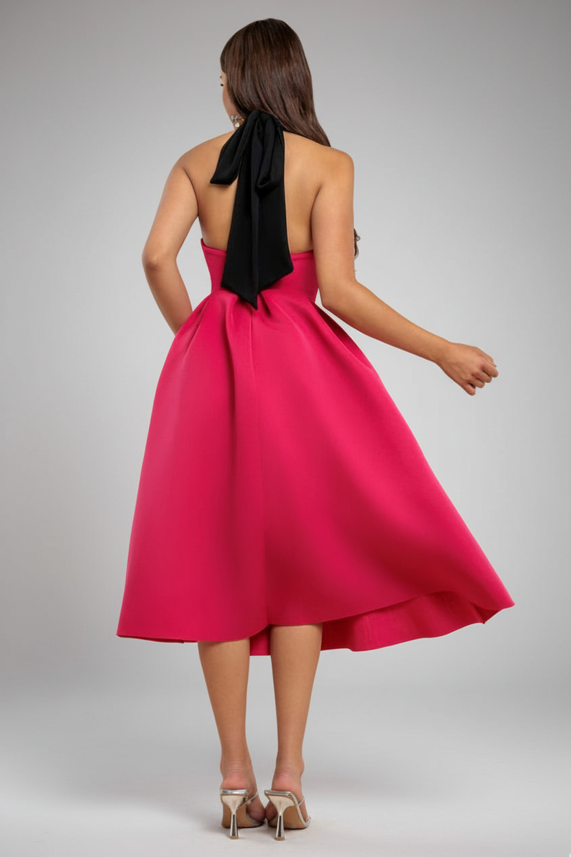 Goddiva Contrast  Halter Neck Pleated A-Line Midaxi Dress - Black Magenta