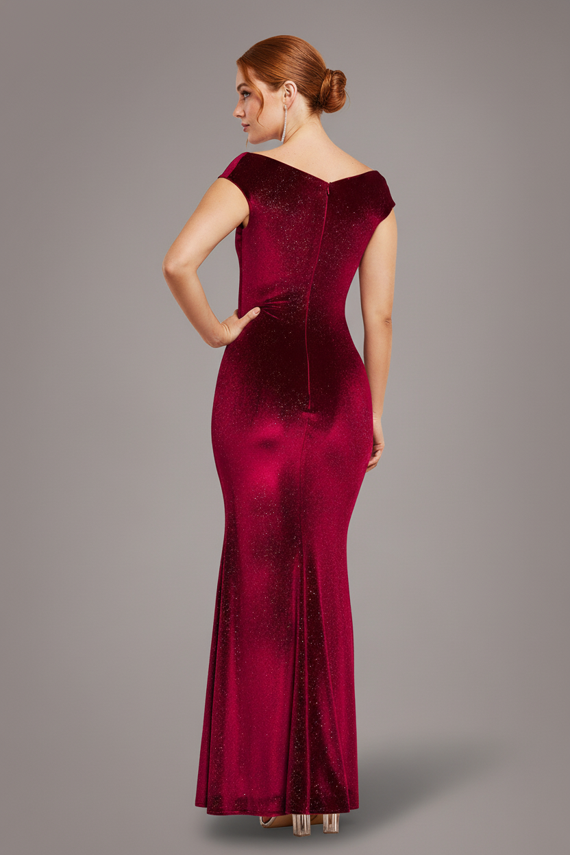 Goddiva Shimmer Velvet Bardot Maxi Dress - Wine