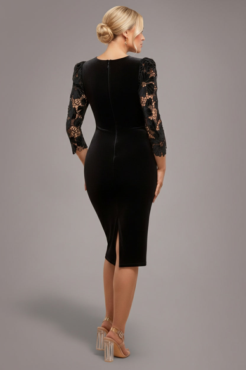 Goddiva Scalloped Crochet & Velvet Midi Dress - Black