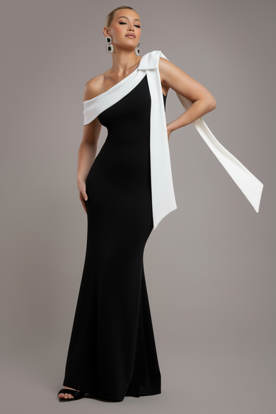 BlackCream - Goddiva One Shoulder Contrast Bow Maxi Dress - Black Cream