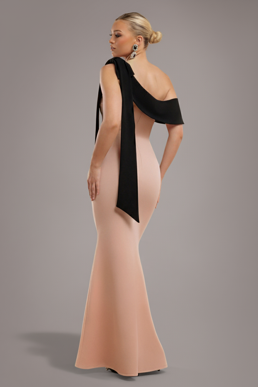 Goddiva One Shoulder Contrast Bow Maxi Dress - Nude Black