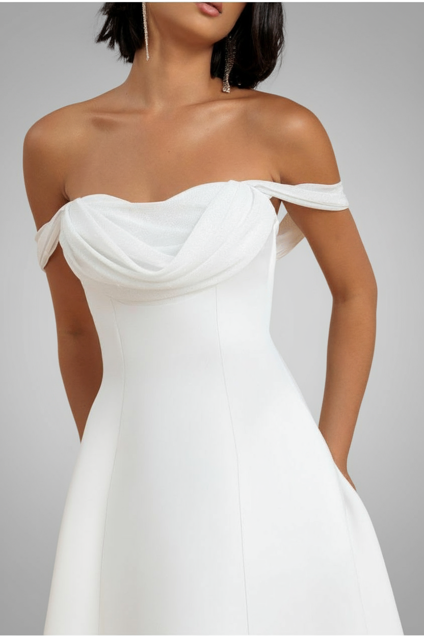 Goddiva Sparkle Chiffon Cowl Bardot Skater Midi Dress - Cream