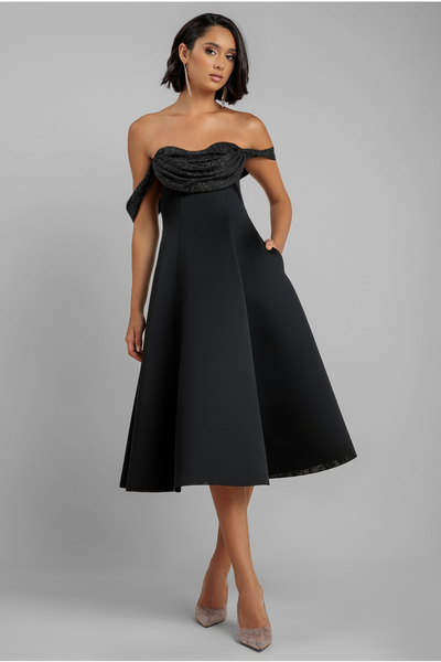Black - Goddiva Sparkle Chiffon Cowl Bardot Skater Midi Dress - Black