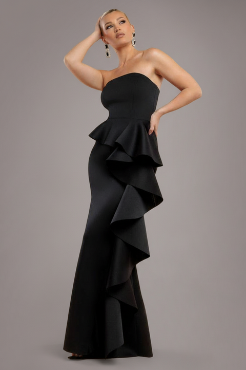 Goddiva Boobtube Peplum  Waterfall Frill Maxi Dress - Black