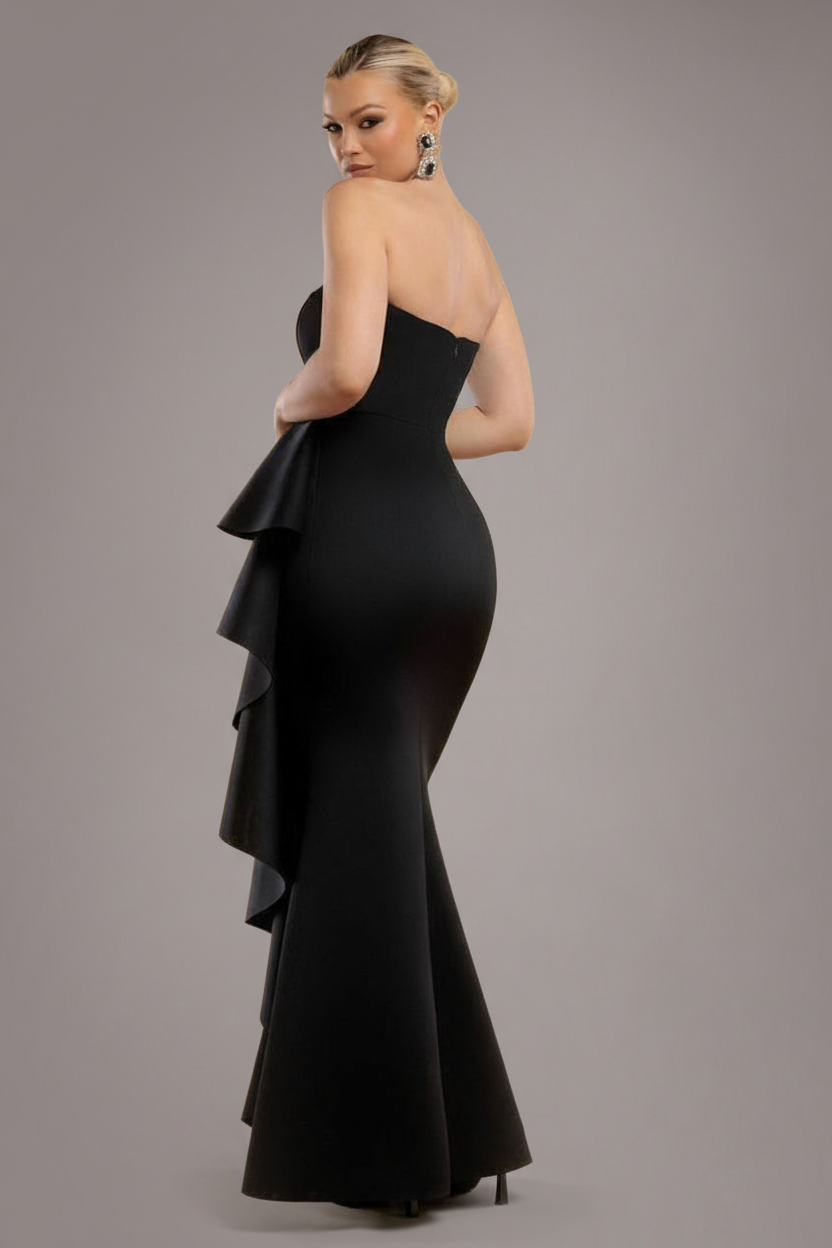Goddiva Boobtube Peplum  Waterfall Frill Maxi Dress - Black