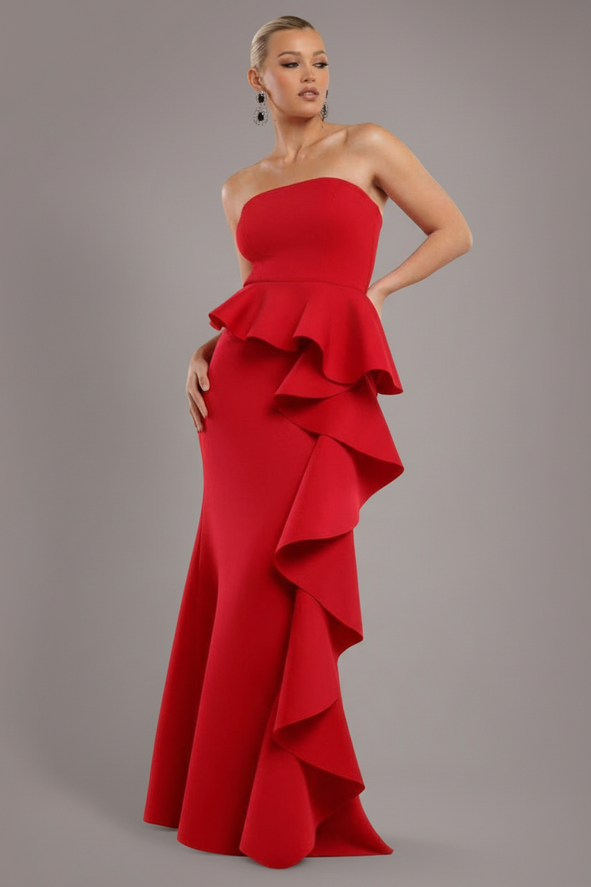 Goddiva Boobtube Peplum  Waterfall Frill Maxi Dress - Red