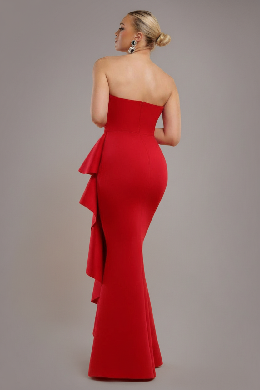 Goddiva Boobtube Peplum  Waterfall Frill Maxi Dress - Red