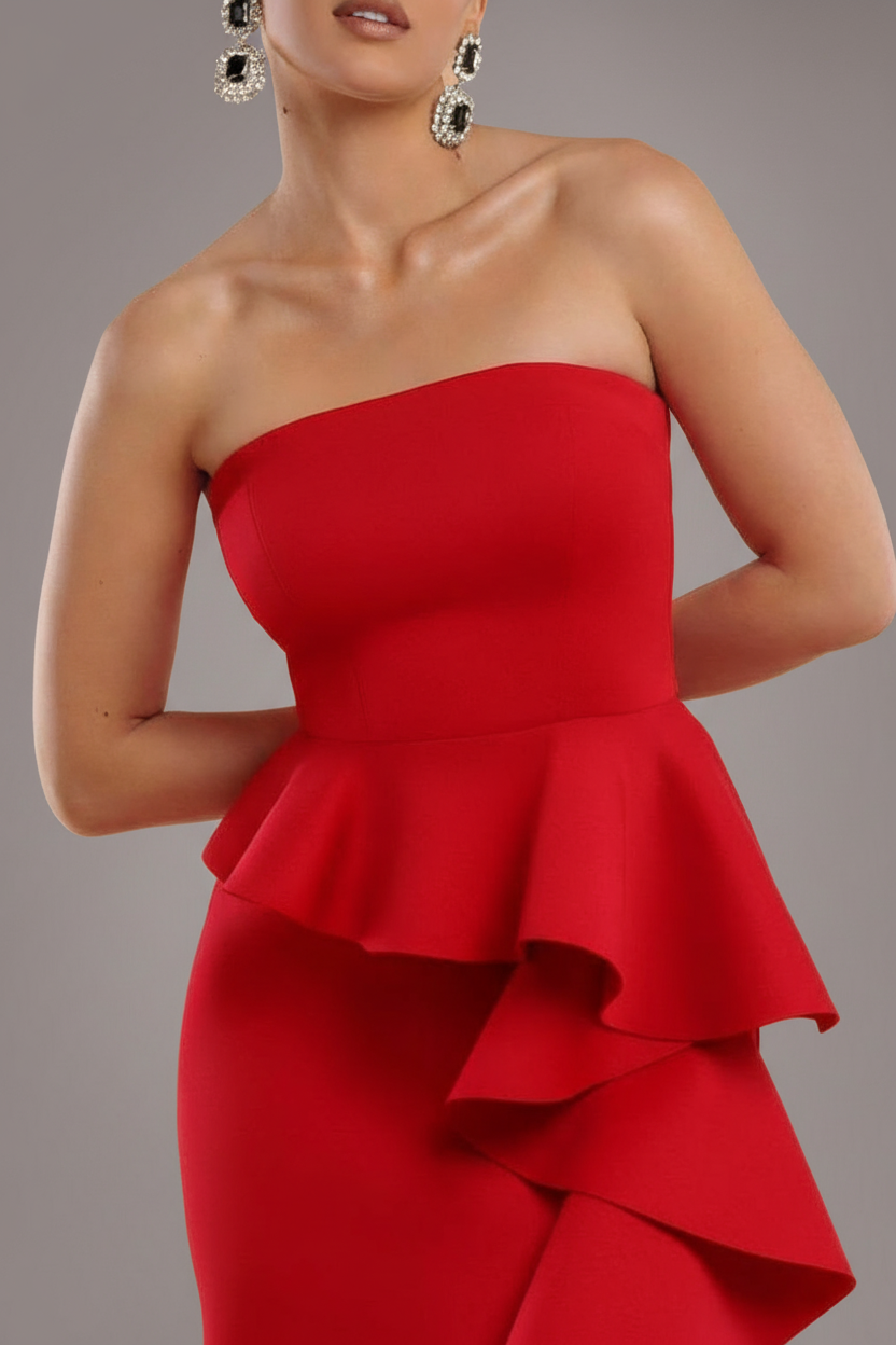 Goddiva Boobtube Peplum  Waterfall Frill Maxi Dress - Red