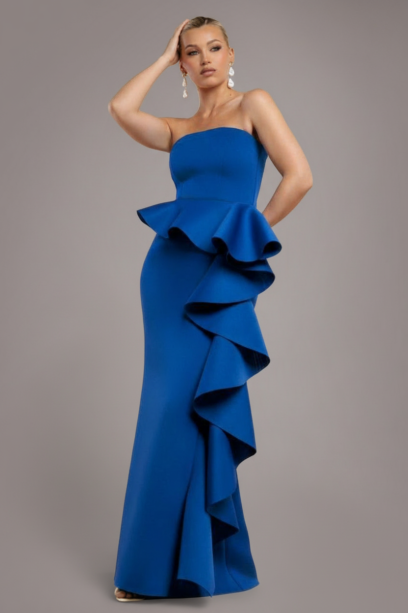 Goddiva Boobtube Peplum  Waterfall Frill Maxi Dress - Royal Blue