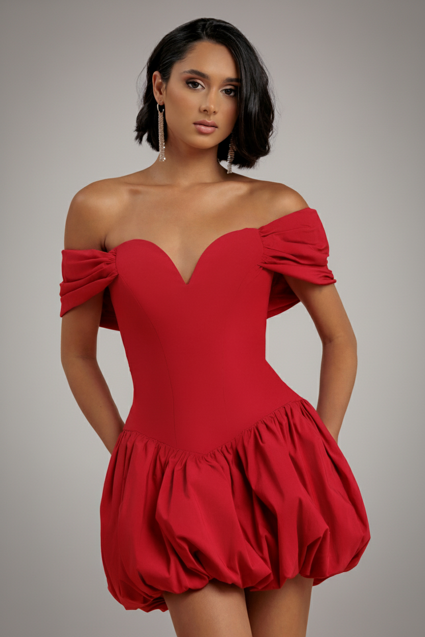 Goddiva Bardot Babydoll Corset Mini Dress - Red