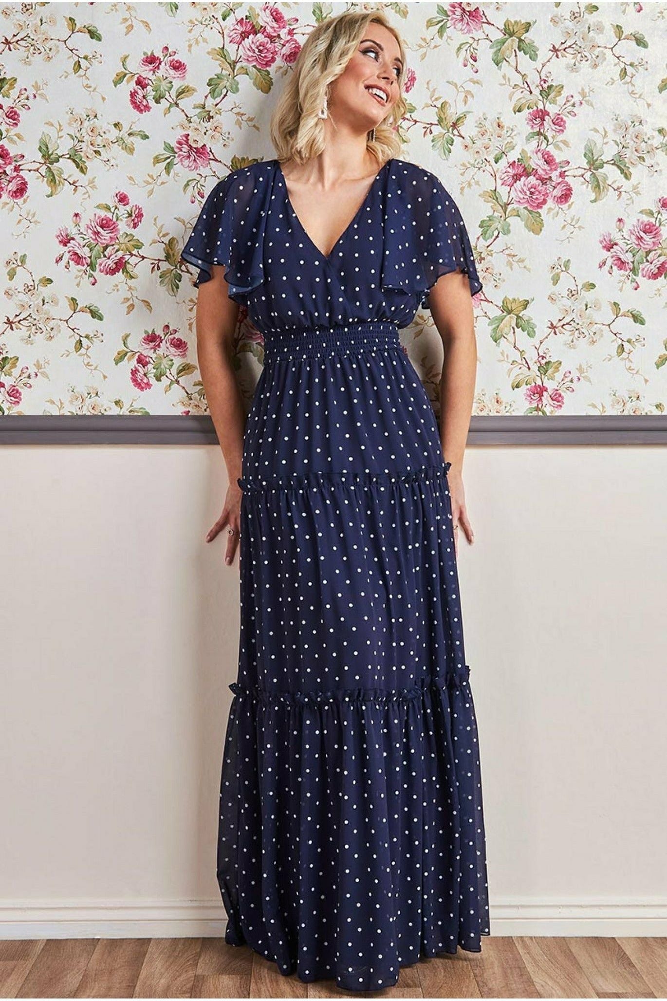 Goddiva Polka Dot Tiered Chiffon Maxi Dress - Navy