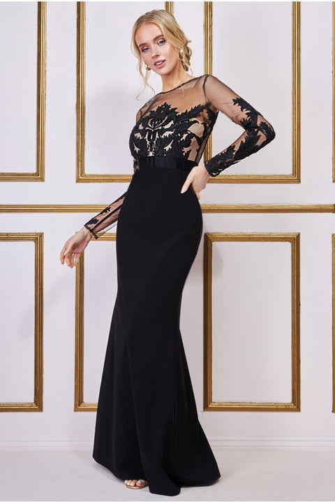 Goddiva Embroidered Mesh & Scuba Maxi - Black