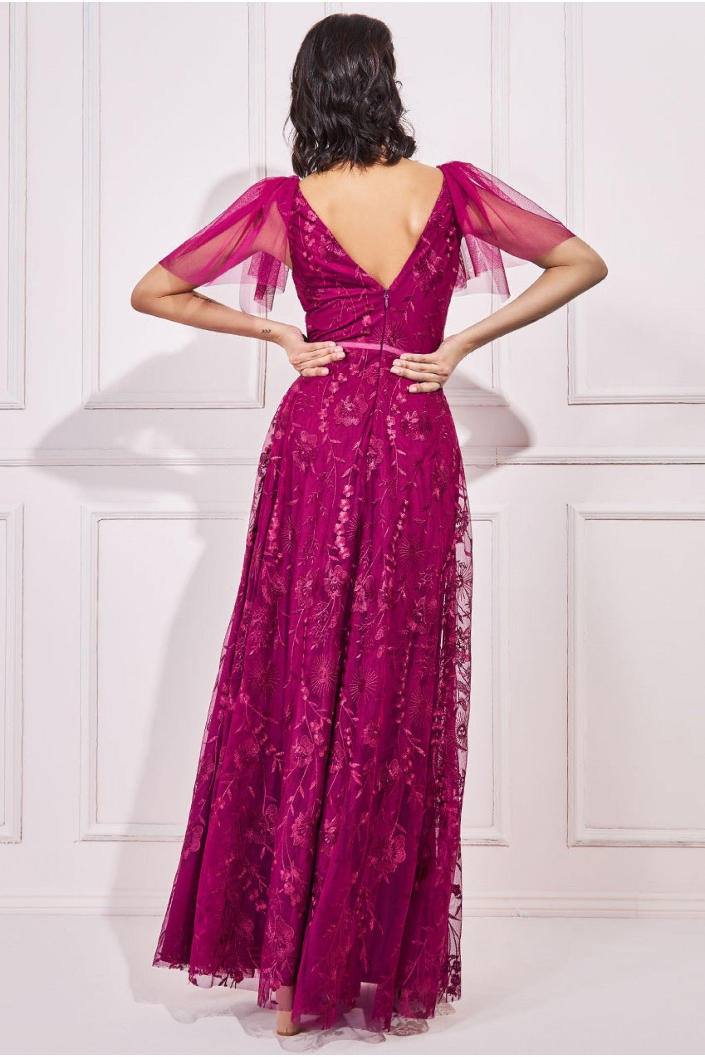Goddiva Embroidered Lace Maxi Flutter Sleeves - Magenta