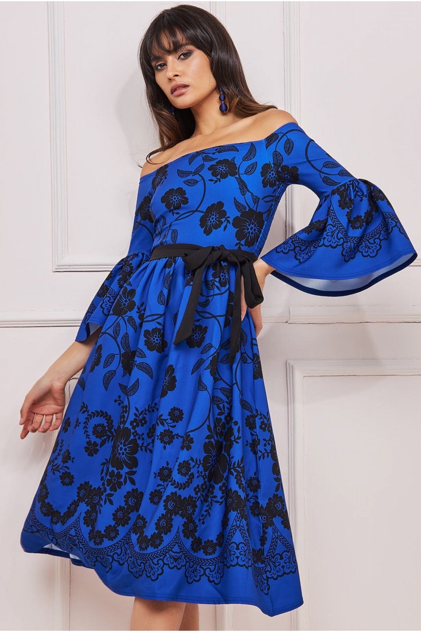 Goddiva Printed Off The Shoulder Midi Dress - Royalblue