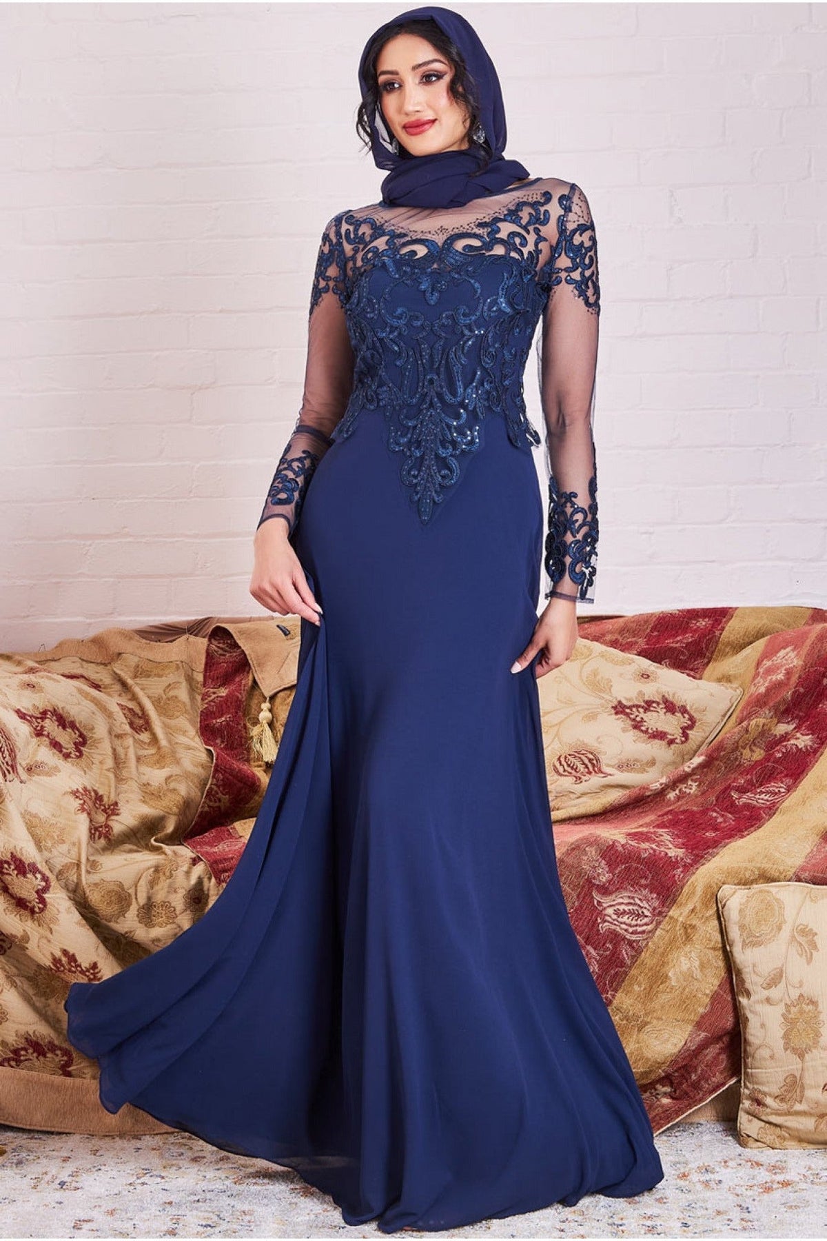 Goddiva Modesty Mesh & Lace Maxi Dress - Navy