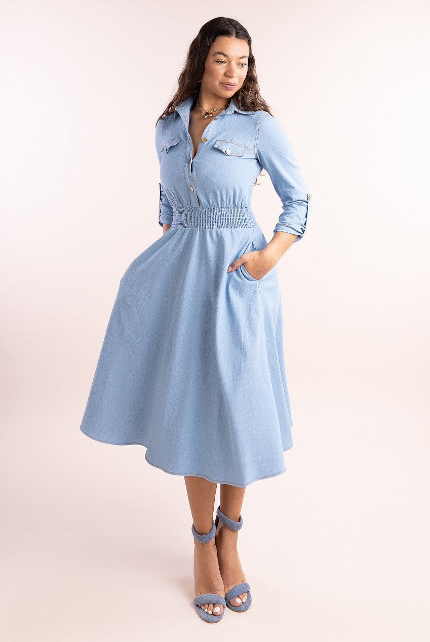 Goddiva Denim Flared Midi Shirt Dress - Sky Denim