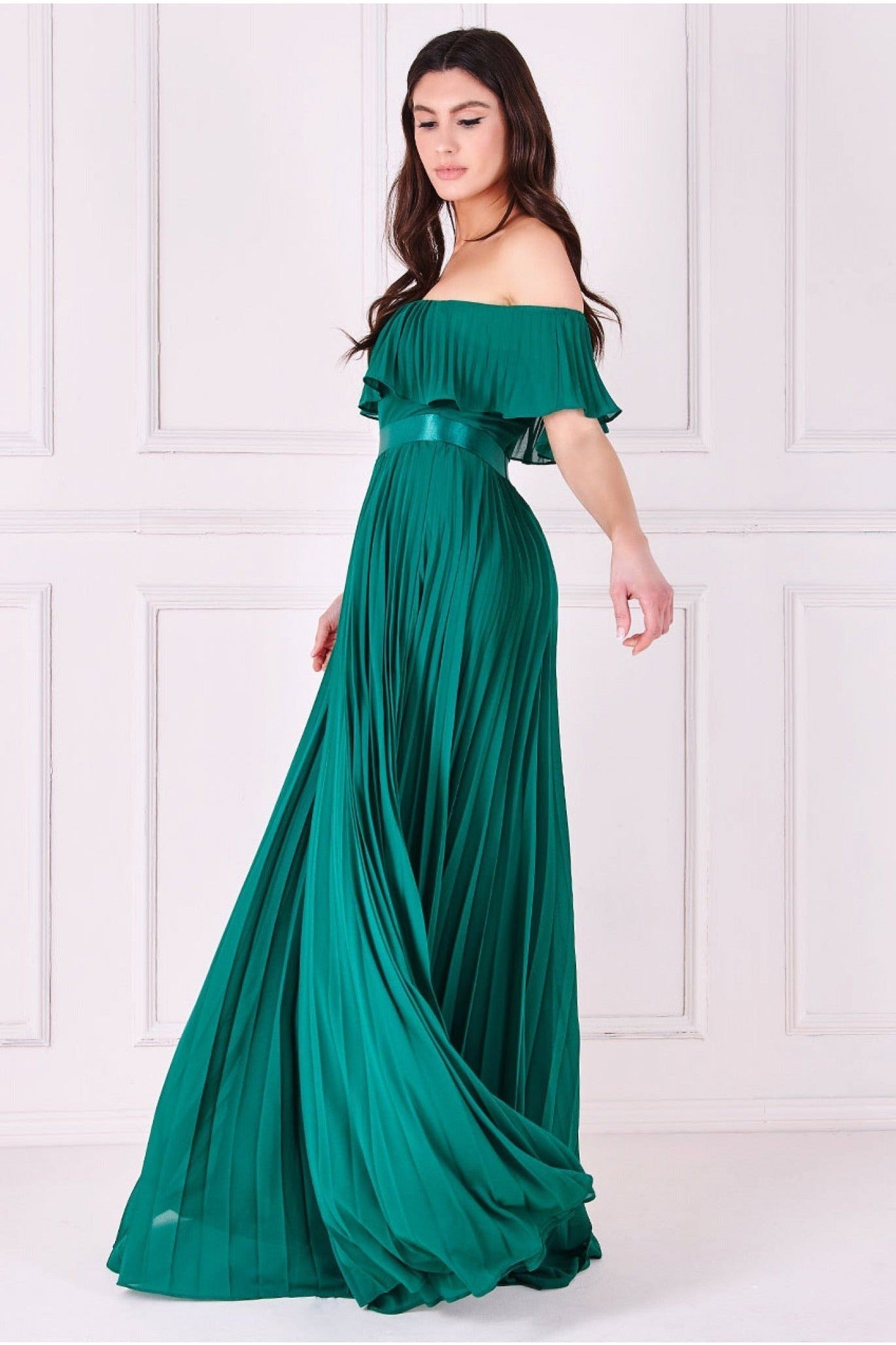 Goddiva Pleated Chiffon Off Shoulder Maxi Dress - Green