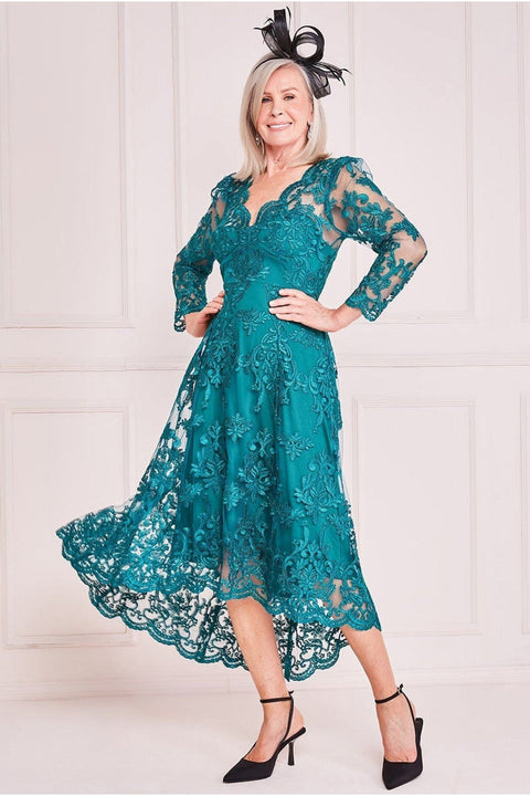 Goddiva Scalloped Dipped Hem Lace Midi - Emerald Green