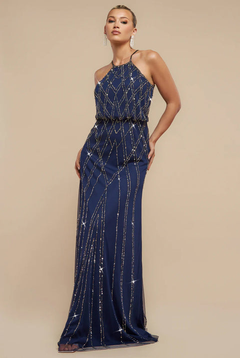 Goddiva Racer Neck Sleeveless Hand Embellished Sequin Maxi Dress - Navy Blue