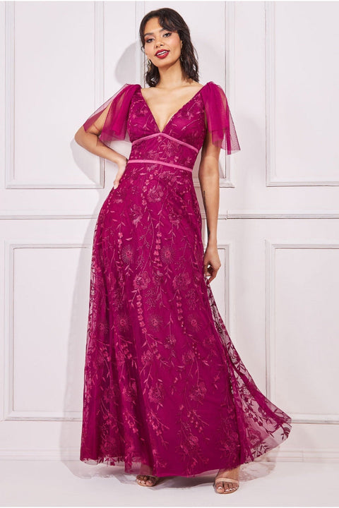 Goddiva Embroidered Lace Maxi Flutter Sleeves - Magenta