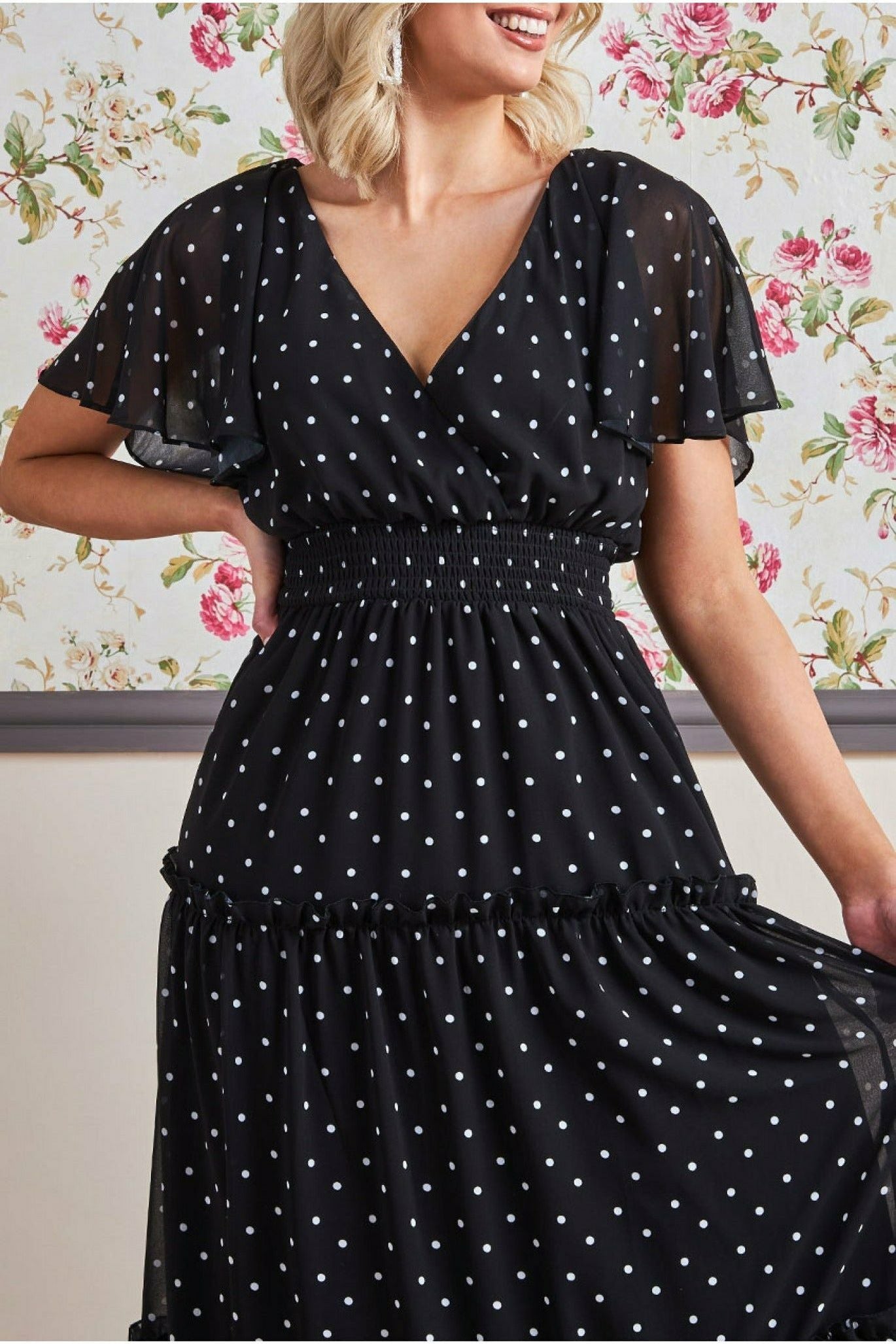 Goddiva Polka Dot Tiered Chiffon Maxi Dress - Black
