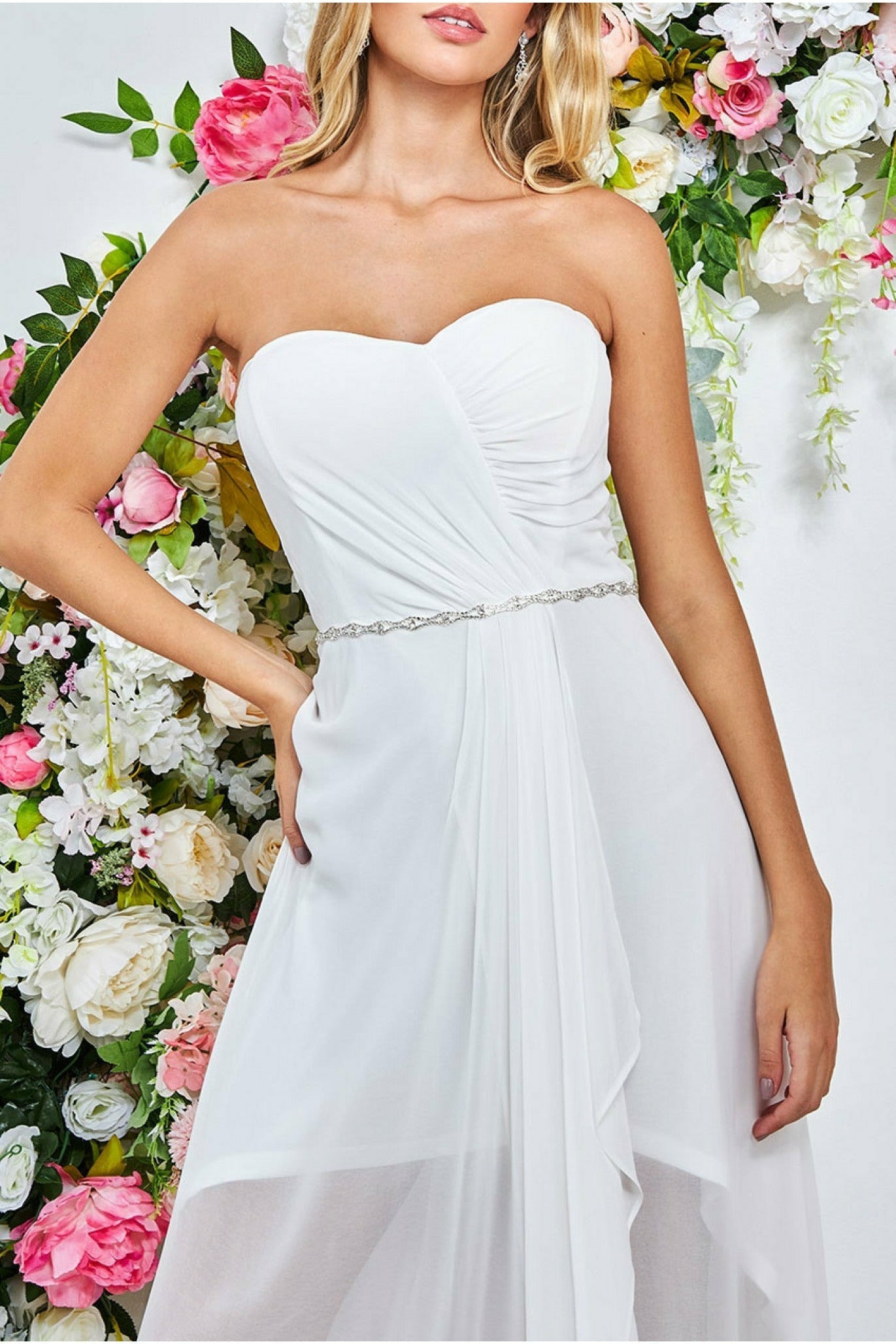 Goddiva Bardot Chiffon Wedding Dress With Belt - White