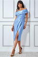 Goddiva Cowl Neck Bardot Satin Midi Front Split - Dusty Blue