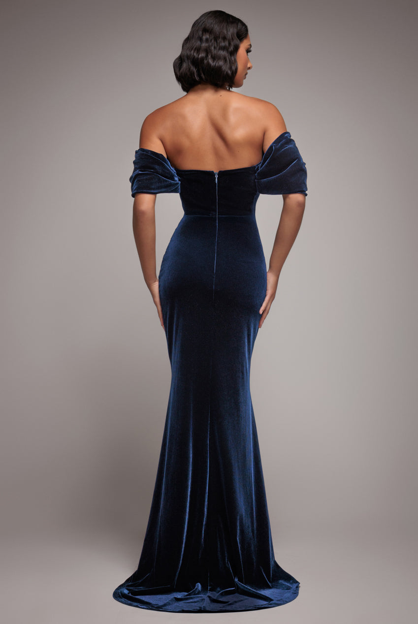Goddiva Off The Shoulder Deep Plunge Velvet Maxi Dress - Navy Blue