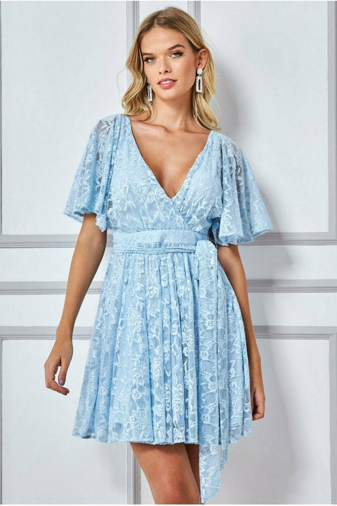 Goddiva Lace Kimono Wrap Skater Mini Dress - Powder Blue