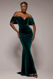 Goddiva Off The Shoulder Deep Plunge Velvet Maxi Dress - Emerald Green