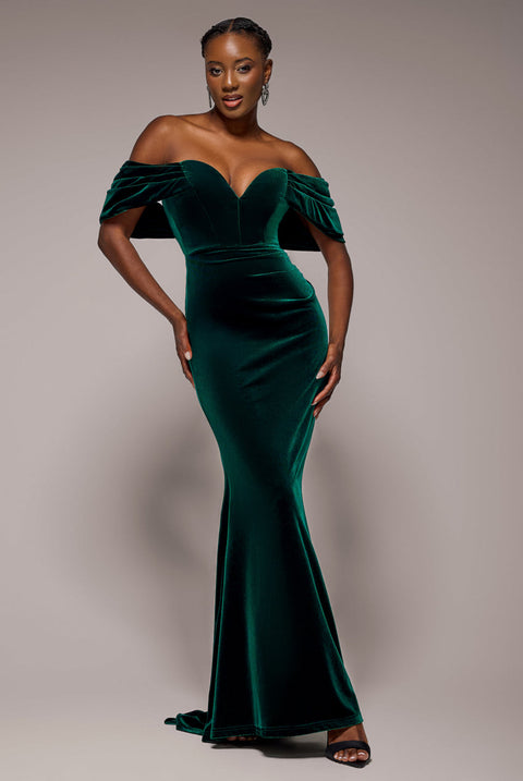 Goddiva Off The Shoulder Deep Plunge Velvet Maxi Dress - Emerald Green