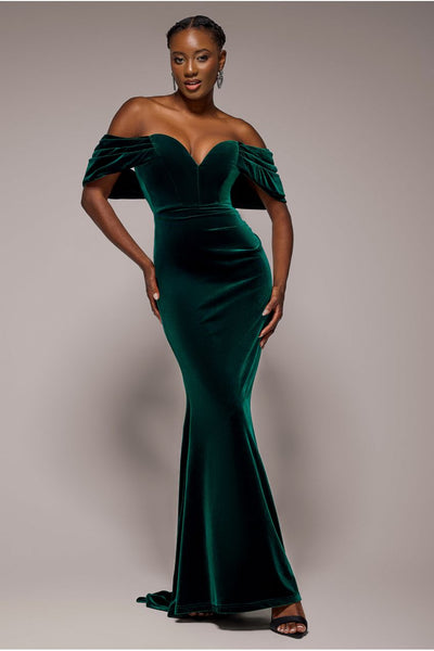 Goddiva Off The Shoulder Deep Plunge Velvet Maxi Dress - Emerald Green Emerald / 12 Goddiva Off The Shoulder Deep Plunge Velvet Maxi Dress - Emerald Green Emerald / 12