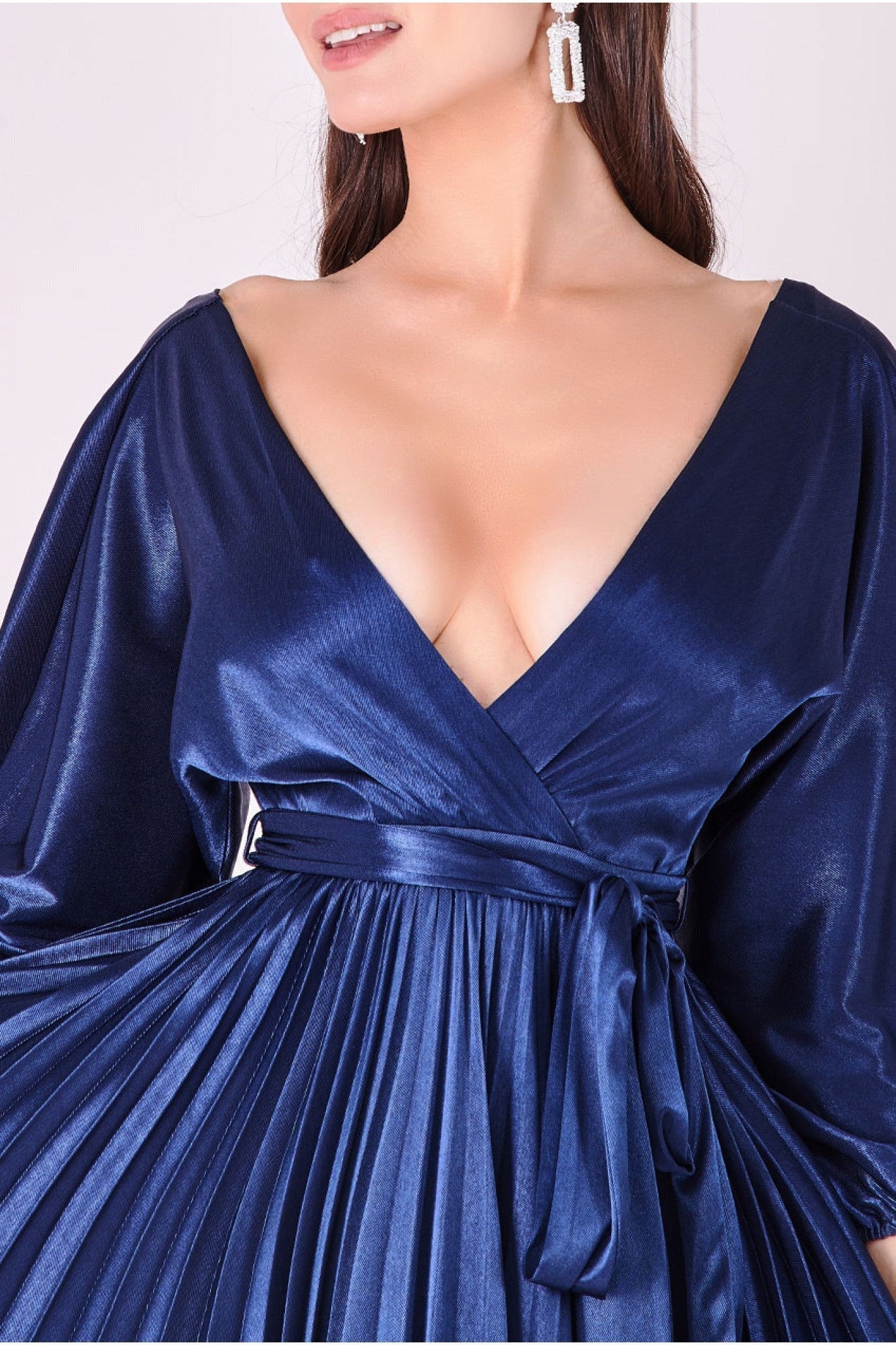 Goddiva Satin Pleated Skirt Wrap Midi Dress - Navy