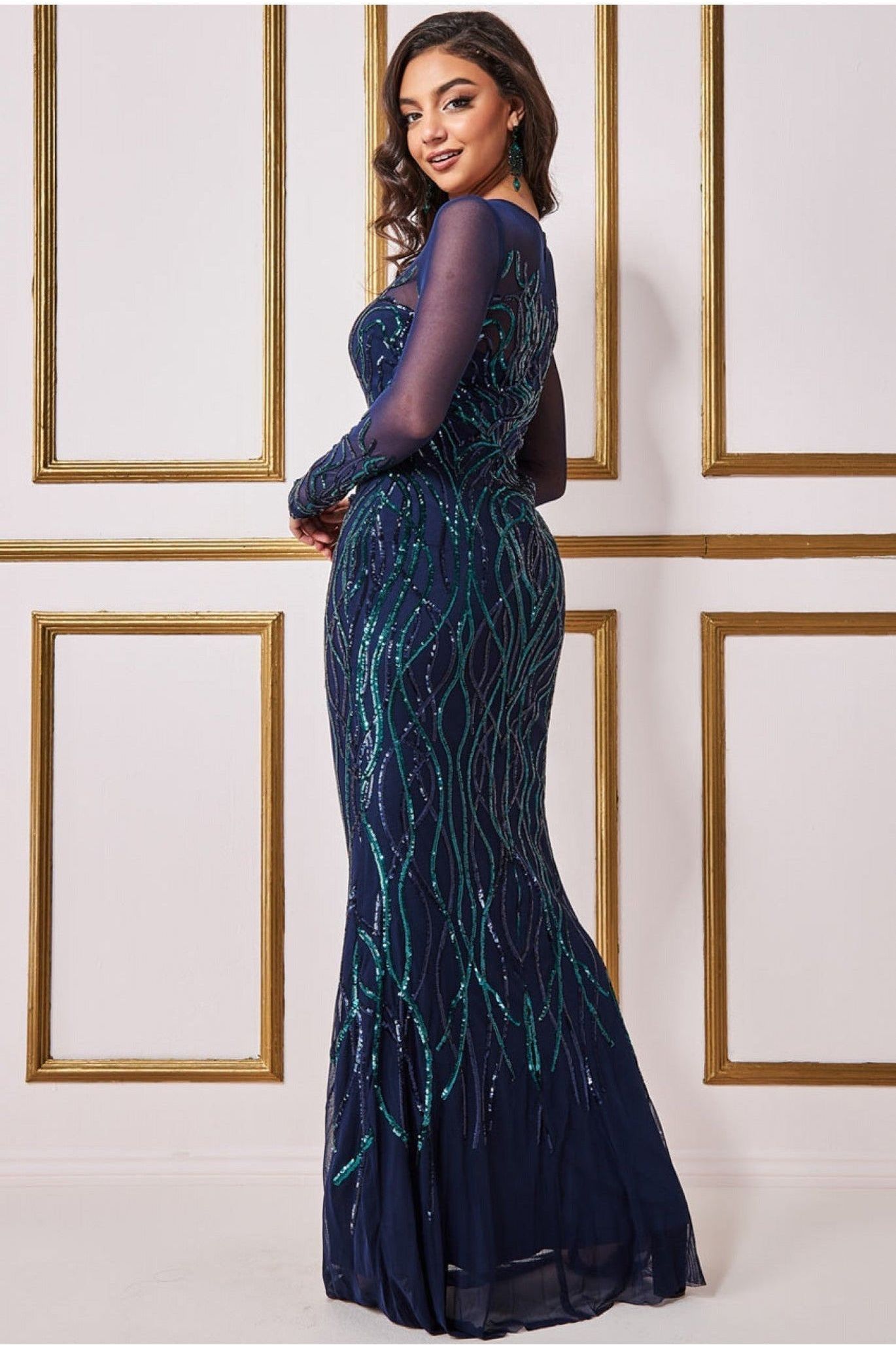 Goddiva Long Sleeve Sequin Flame Maxi Dress - Navy