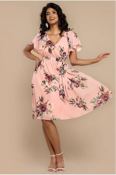 Peach - Goddiva Sustainable Floral Print Midi Wrap Dress With Flutter Sleeves - Peach