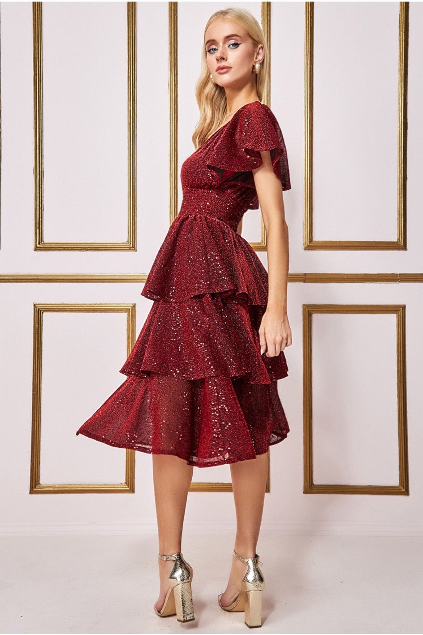 Goddiva Sequin Lurex Tiered Midi Dress - Wine