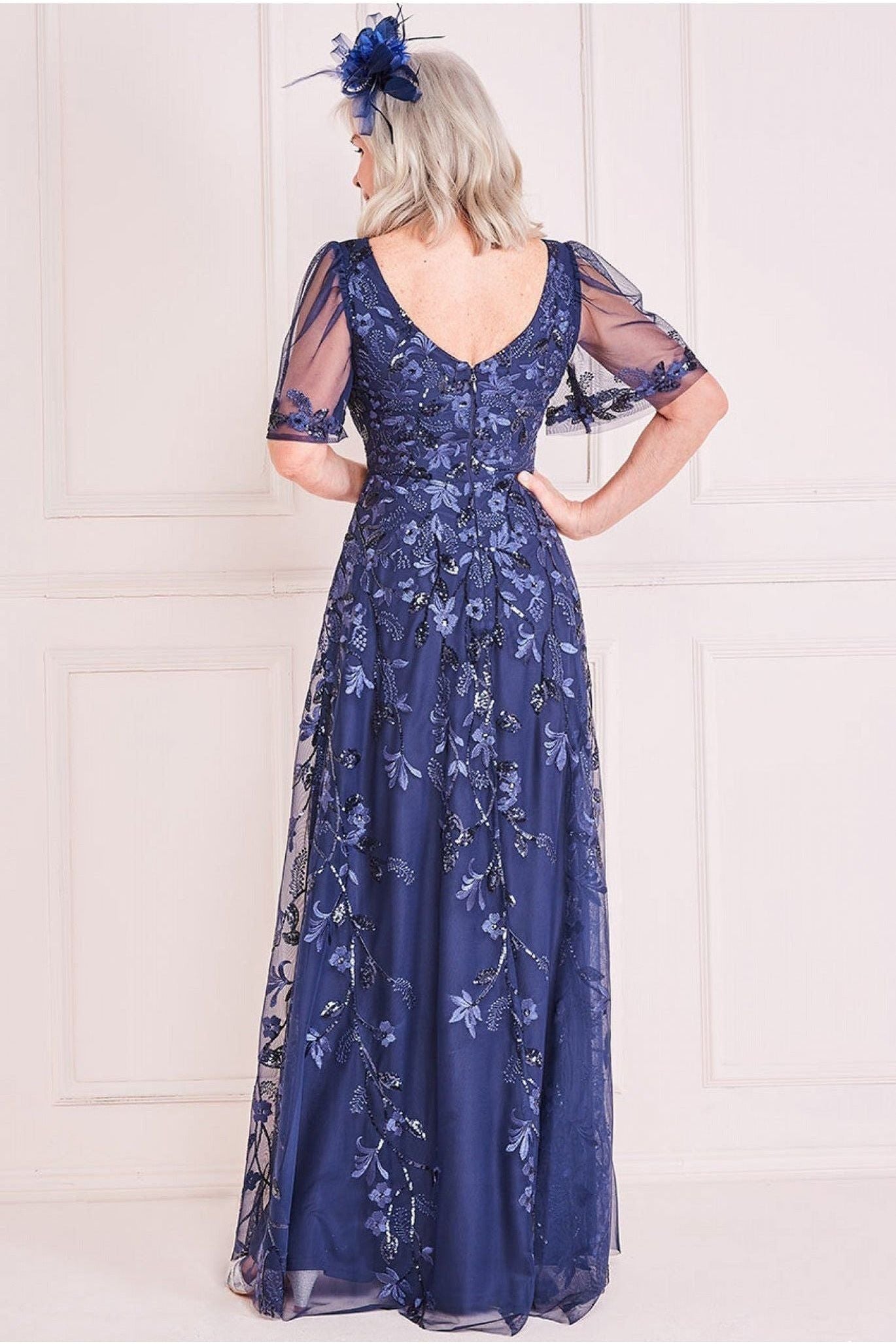 Goddiva Embroidered Flared Sleeve Maxi - Navy