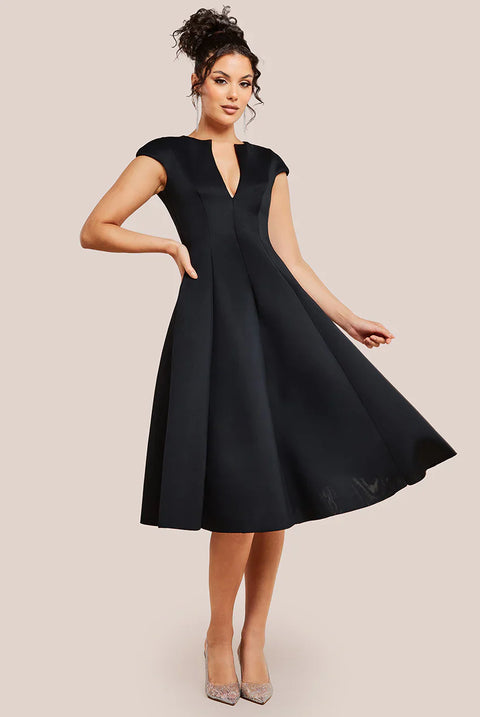 Goddiva Cap Sleeve Plunging V-Neckline A-line Midi Dress - Black