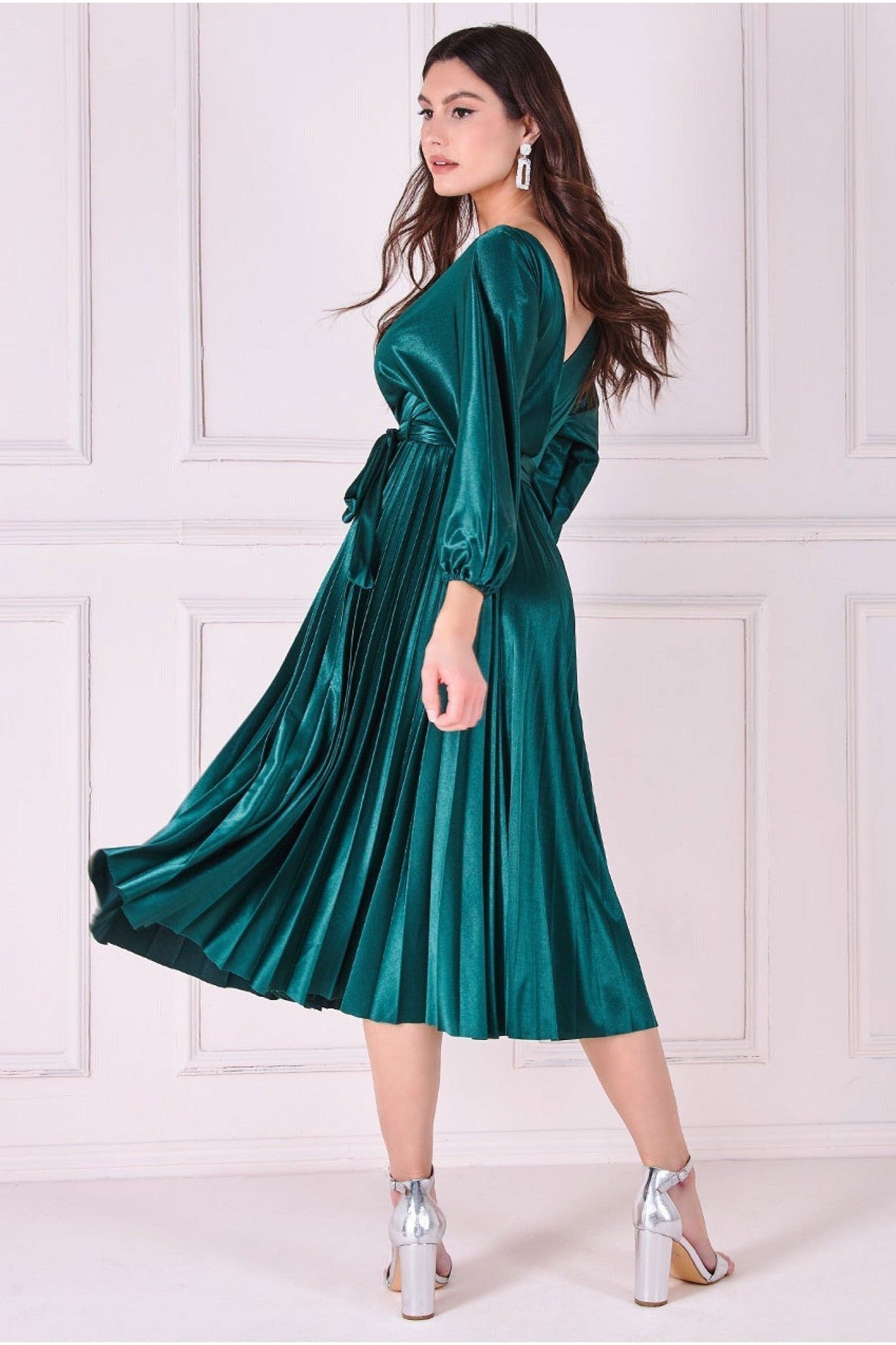 Goddiva Satin Pleated Skirt Wrap Midi Dress - Emerald Green