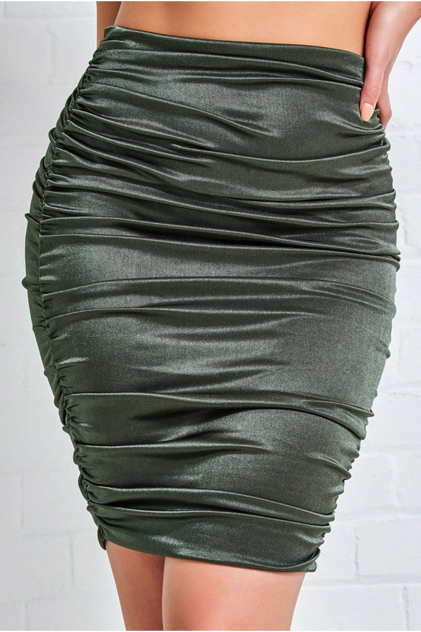 Goddiva Ruched Satin Mini Skirt - Khaki