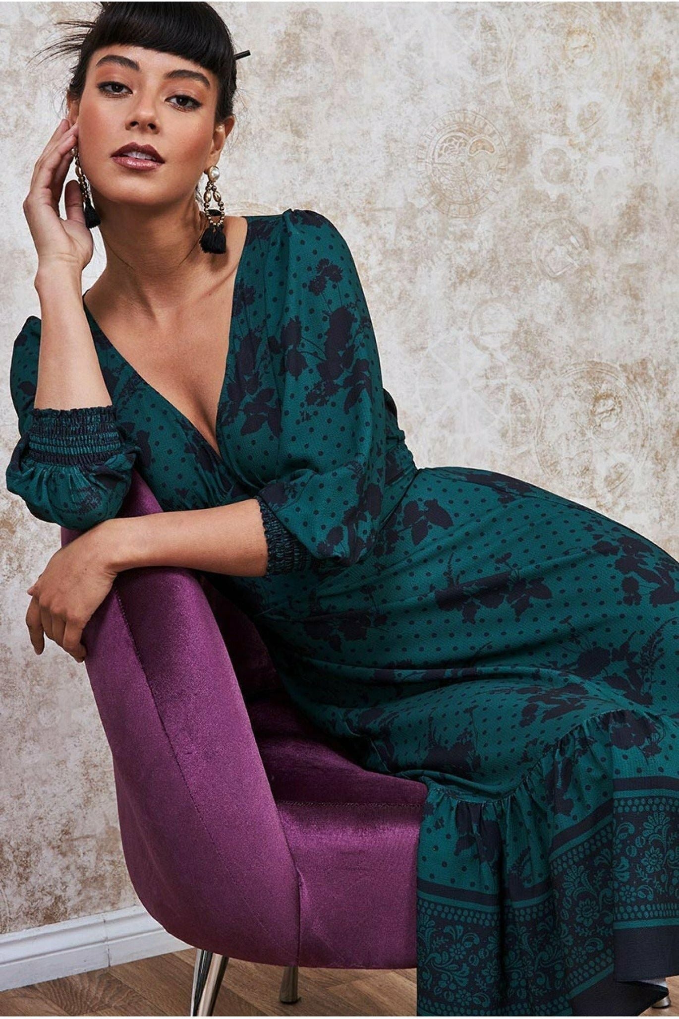 Goddiva Floral Print Puff Sleeve Midi Dress - Emerald Green