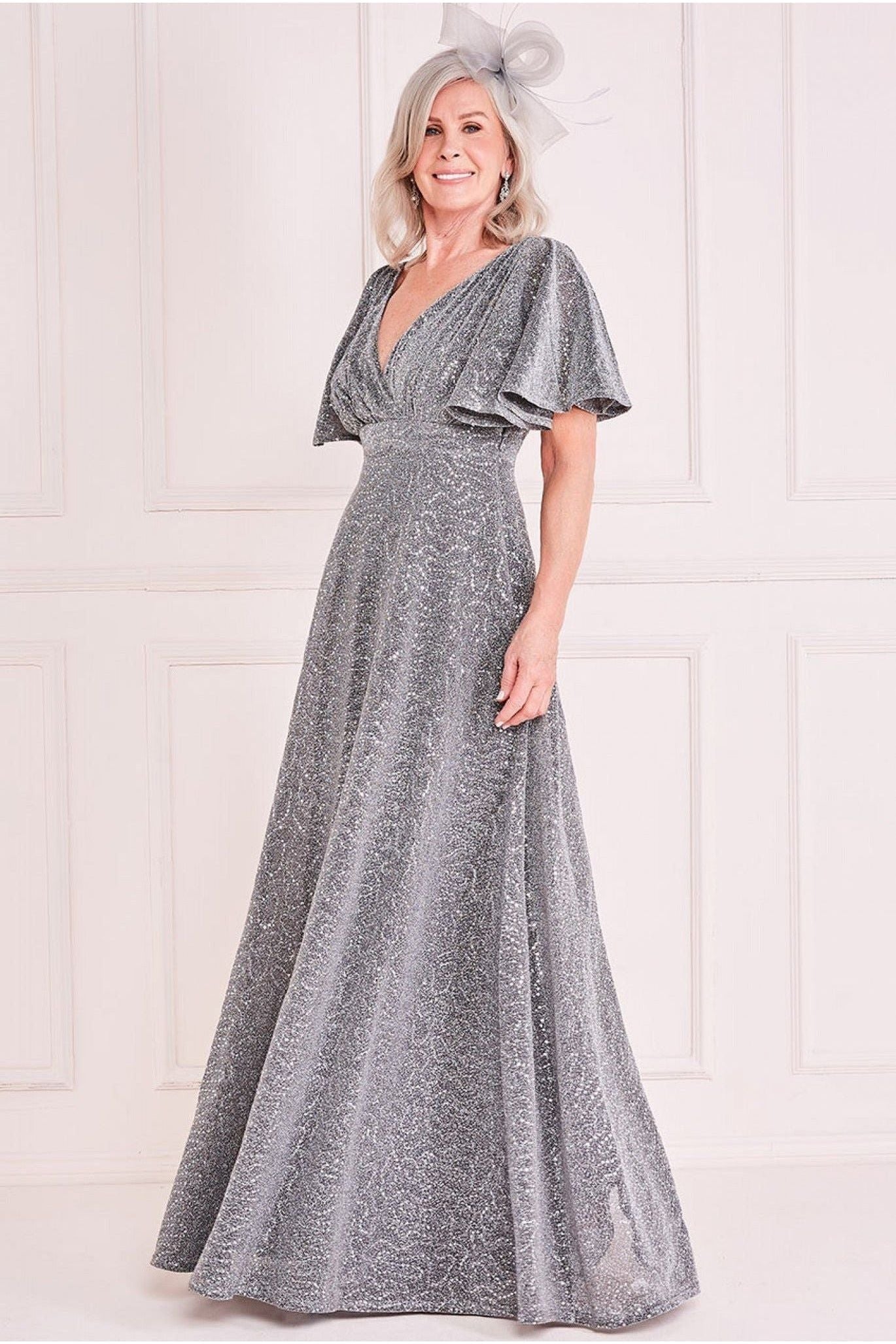 Goddiva Lurex Sequin Flutter Sleeve Maxi - Silver