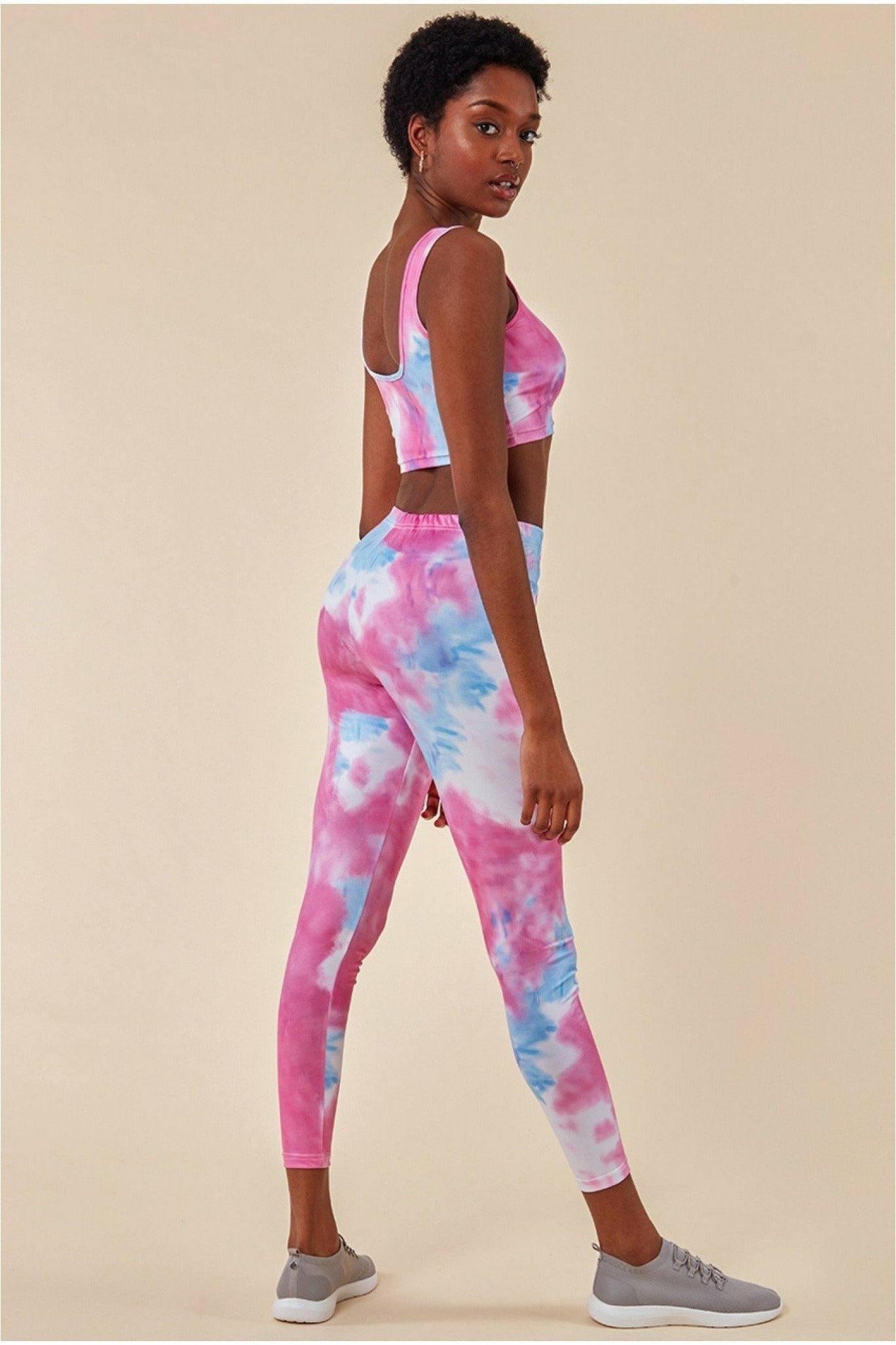 Cosmochic Tie-dye Crop Top With Leggings Set - Pinkblue