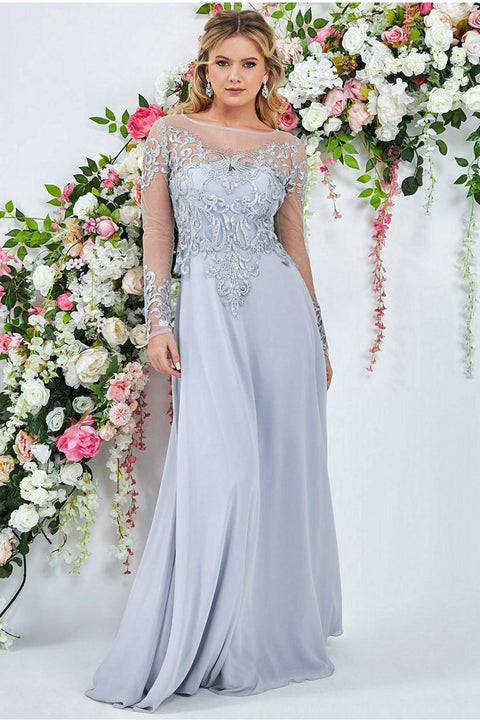 Goddiva Mesh & Lace Embroidered Bodice Maxi - Gray