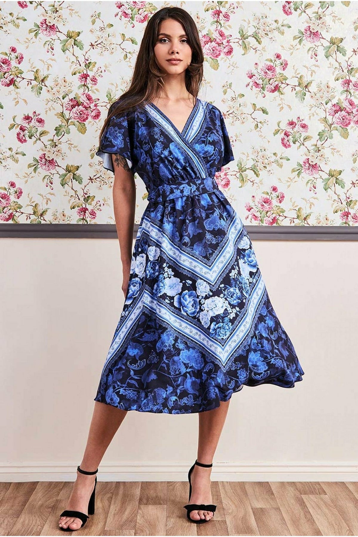 Goddiva Flutter Sleeve Wrap Style Midi Dress - Navy